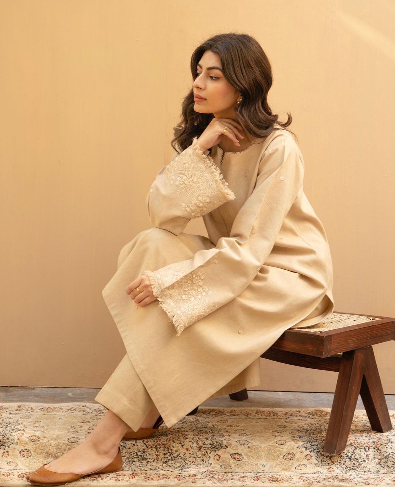 Beige Blossom - Dhanak Fabric 2-Piece Suit